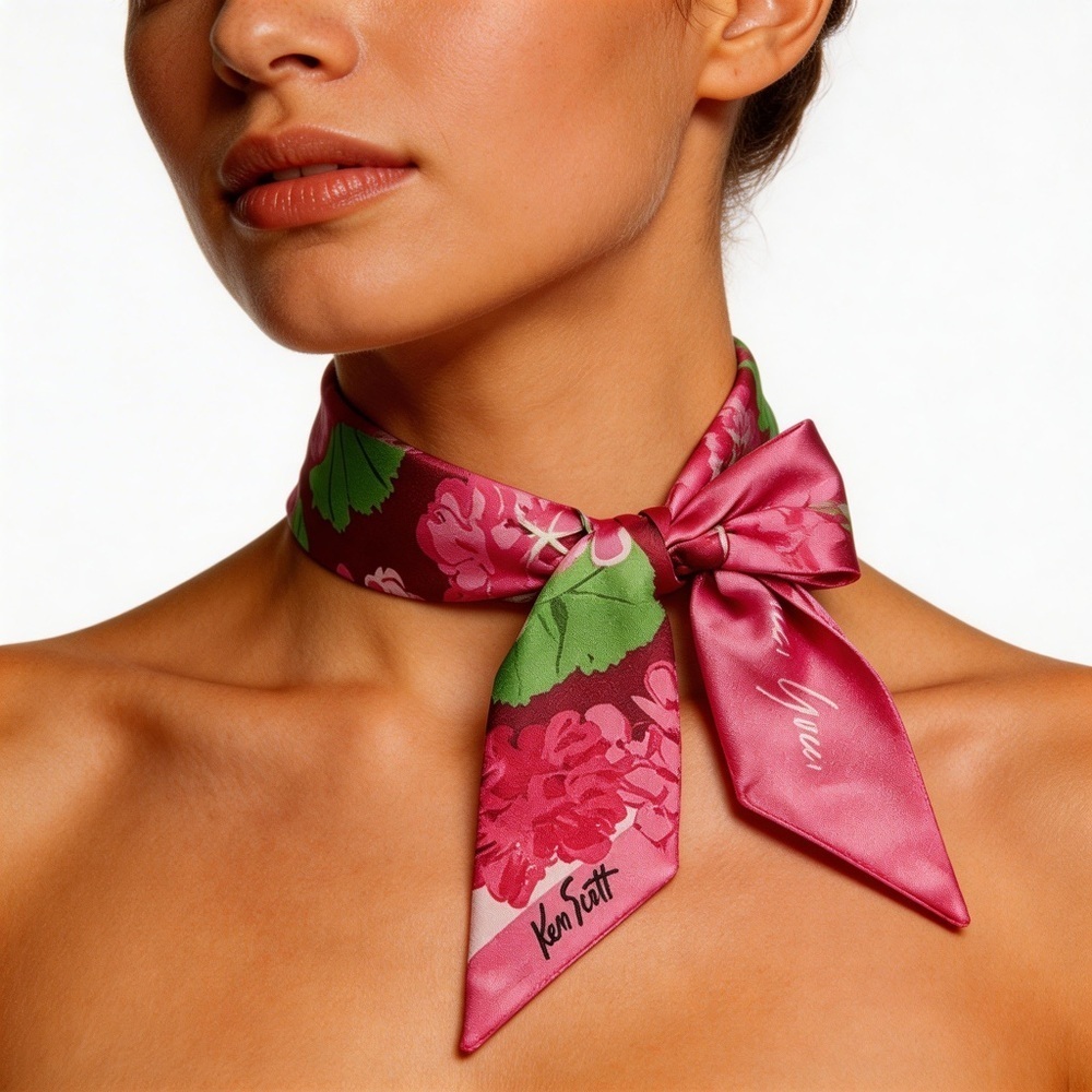 Gucci Silk Pink Floral Print Ken Scott Twilly Neck Bow Scarf